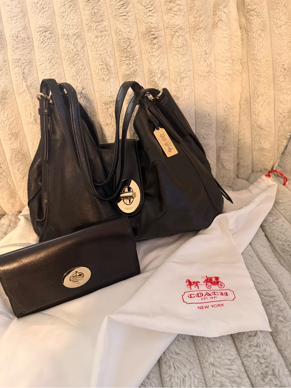 Coach Black Leather Shoulder Bag with Gold Turnlock and Matching Wallet